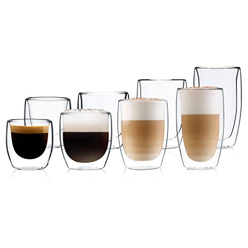 GLASWERK Design Latte Macchiato Gläser doppelwandig 8er (2x80/250/350/450ml) Cappuccino Tassen - Doppelwandige Gläser aus Borosilikatglas - Spülmaschinenfeste Teegläser Kaffeetassen Set - Thermogläser