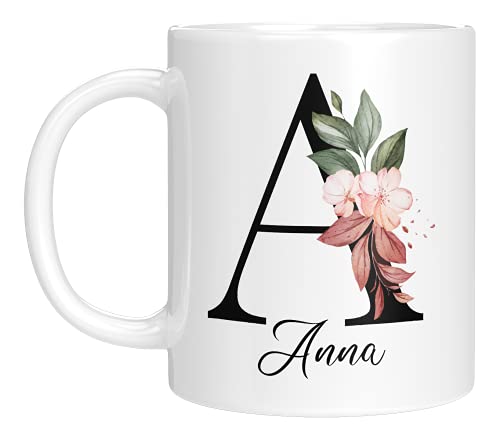 Personalisierte Tasse - 'Namens-Tasse mit Blumen Motiv' - mit Ihrem Anfangsbuchstaben und Namen - personalisiert - Geburtstag - Kaffeetasse - beidseitig bedruckt - Geschenke für Frauen (Weiß)