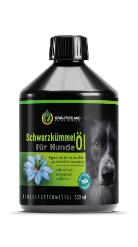 Kräuterland Schwarzkümmelöl für Hunde 500ml - kaltgepresst, ungefiltert, nativ - Schwarzkümmel Öl zur Fütterung & Fellpflege - Barf Öl in Premium Qualität