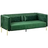 HOMCOM 3 Sitzer Sofa Gästesofa mit 2 Sitzkissen, dreier Couch mit Armlehne, gepolstert Polstersofa mit Samt-Optik, für Wohnzimmer, Schlafzimmer, 200 x 88 x 76 cm, Grün