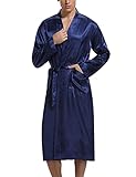 Irdcomps Herren Morgenmantel Satin Kimono Robe Lang Bademantel Leicht Seide Nachtwäsche Pyjama für Männer mit Gürtel Blau XXL