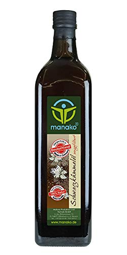 manako Schwarzkümmelöl human, ungefiltert, naturbelassen, kaltgepresst, 100% rein, 1000 ml Glasflasche (1 x 1 l)
