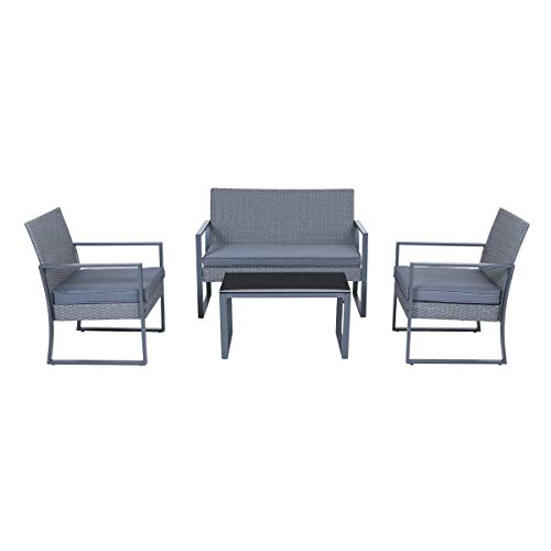 SVITA LOIS XL Poly Rattan Sitzgruppe Gartenmöbel Metall-Garnitur Bistro-Set Tisch Sessel Grau
