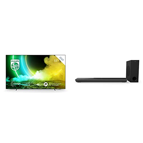Philips Ambilight TV 55OLED705/12 55-Zoll OLED TV Chrom (2021/2022 Modell) & Philips Bluetooth Soundbar PB603/10 TV Soundbar (Bluetooth, Dolby Atmos, 300 W, Kabelloser Subwoofer, HDMI ARC) Schwarz