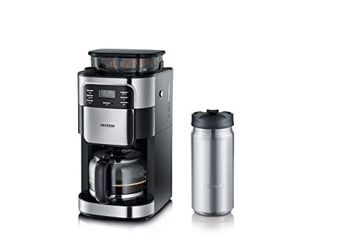 SEVERIN KA 4810 Kaffeeautomat mit Mahlwerk + Thermobecher To-Go 340 ml, (Mahlwerk für Kaffeebohnen und Filterkaffee, Timerfunktion, Automatische Abschaltung, 8 Tassen) edelstahl/schwarz