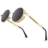 CGID Retro Sonnenbrille im Steampunk Stil Runde Metallrahmen Polarisiert Brille Herren Damen,E72