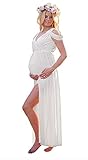 FEOYA Schwangerschaftskleid Elegant V-Ausschnitt Umstandskleid Schwangere Fotografie Festlich Party Maxi Chiffonkleid Weiß - Größe M