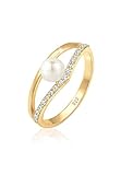 Elli Ring Damen Elegant Geo Design mit Süßwasserzuchtperle und Kristallen in 925 Sterling Silber Vergoldet