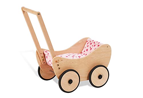 Pinolino Puppenwagen Trixi, aus Holz, inkl. Bettzeug und Bremssystem, Lauflernhilfe mit gummierten Holzrädern, für Kinder von 1 – 6 Jahren, natur