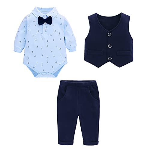 Famuka Baby Junge Anzug Smoking Sakkos Taufanzug Festanzug Jungenanzug 3tlg (Blau, 3 Monate)