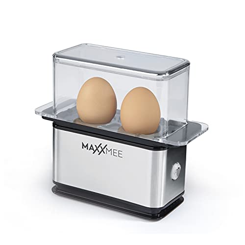 MAXXMEE Design Eierkocher für bis zu 2 Eier im platzsparenden, modernen Edelstahl-Design | Inklusive Messbecher mit Ei-Pick für perfekte Eier | Einfache Bedienung, geeignet für Eier in Größe S-XL