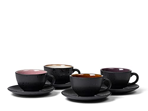 BITZ Tassen, Kaffeetassen mit Untertasse, Steingut, 24 cl, 4er-Set, Amber, Pink, Lila, Creme