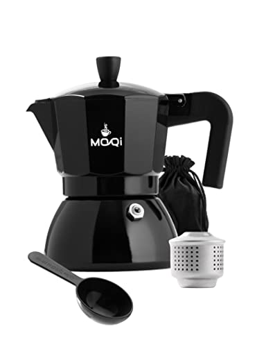 MOQi Espressokocher Induktion | Edelstahl | Mokkakanne mit [Splash Guard] | 190ml 4 Tassen Espressokanne Schwarz | Moka Pot, Camping Kaffeekocher mit Tragetasche