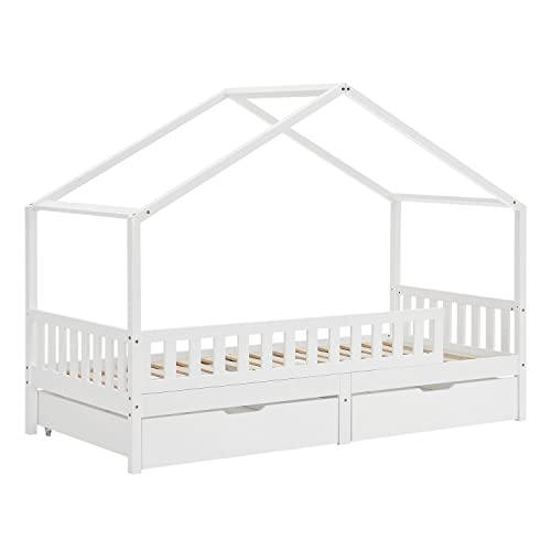 Juskys Kinderbett Yuki 90x200 cm mit Rausfallschutz, Bettkasten & Lattenrost — Holz Bett für Kinder weiß mit Dach — Hausbett für Jungen & Mädchen