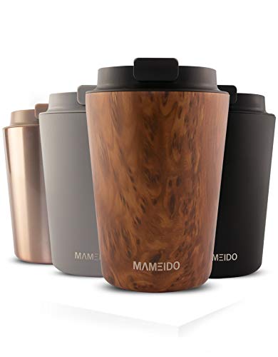 MAMEIDO Thermobecher 350ml Oak Wood - Kaffeebecher aus Edelstahl doppelwandig isoliert, auslaufsicher - Coffee to go Becher für Kaffee & Tee