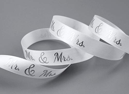 Dekoband Mr & Mrs Weiss Silber 3 m x 15 mm Geschenkband Hochzeit Wedding Satinband für Hochzeitsgeschenk Hochzeitsalbum Schleifenband