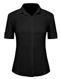 Irevial Damen Bluse Kurzarm Stretch Hemd Button Down Hemdbluse Slim Fit Shirt für Business,Schwarz,L