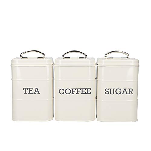 KitchenCraft Living Nostalgia 3 -er Set Vorratsdosen für Tee, Zucker und Kaffee, in Geschenkbox, Stahl, Antique Cream , 11 cm x 11 cm x 17 cm