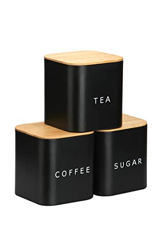 Generisch Küchendosen für Kaffee, Tee & Zucker Vorratsdose mit Bambusdeckel luftdicht für 1,5kg Küche Aufbewahrung & Organisation Box 3er Set (Schwarz Matt) Kaffee-Vorratsbehälter eckig Kaffeebohnen
