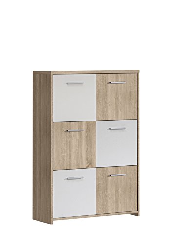 FORTE Quadro Kommode mit 6 Türen, Holzwerkstoff, Sonoma Eiche / Weiß, 77.2 x 29.6 x 112.7 cm