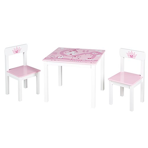 roba Kinder Sitzgruppe 'Krone', Kindermöbel Set aus 2 Kinderstühlen & 1 Tisch, Sitzgarnitur mit Prinzessin/Schloß/Einhorn Bedruckung in rosa