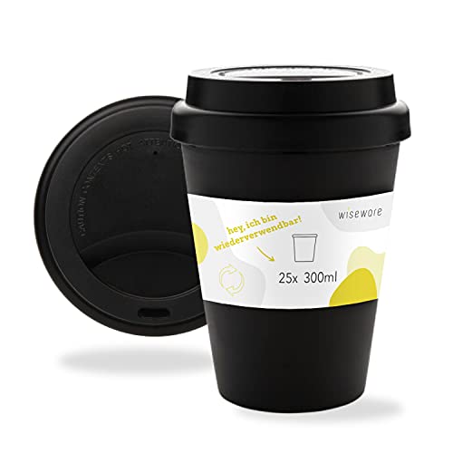 wiseware Trinkbecher 300 ml 25 Stück - Mehrweg Coffee-to-Go - BPA-frei und wiederverwendbar aus recyclebarem Plastik (PP) - Kaffeebecher spülmaschinenfest schwarz mit Deckel