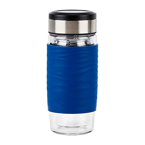 Emsa N20805 Tea Mug Teebecher aus doppelwandigem Glas | 0,4 Liter | herausnehmbares Sieb | BPA-Frei | 100% dicht | auslaufsicher | spülmaschinengeeignet | 360°-Trinköffnung | Blau