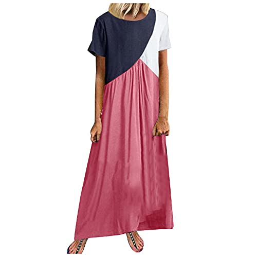 ASDVB Damen Sommermode O-Ausschnitt Kurzarm Farbblock Kontrastfarbe Nähte Große Größe Knöchellanges Kleid Freizeitkleid