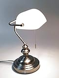 Tischleuchte Bankerslamp mit Zugschalter Fassung E27 Bankerlampe Schreibtisch-Arbeits-Nachtisch-Leuchte-Lampe Tischlampe Nostalgielampe (nickel-weiß)