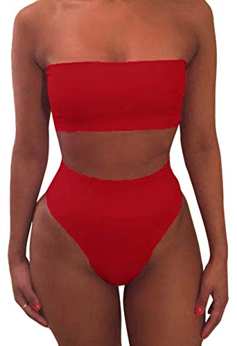 Viottiset Badeanzug Bandeau Top Damen Bikini Set High Waist mit Abnehmbare Träger M Rose Rot
