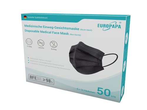 EUROPAPA® Schwarz Medizinisch Type IIR Norm EN14683 TÜV CE zertifizierte Mundschutzmasken OP Masken 3-lagig Mundschutz Gesichtsmaske Einwegmaske BFE ≥ 98%, 1 Box (50 Stück)