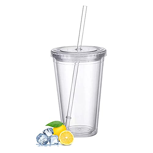 Plastikbecher Mehrweg, Doppelwandig Transparenter Trinkbecher mit Strohhalm，Wiederverwendbare Becher Geeignet für Fruchtsaftkaffee (500ML)