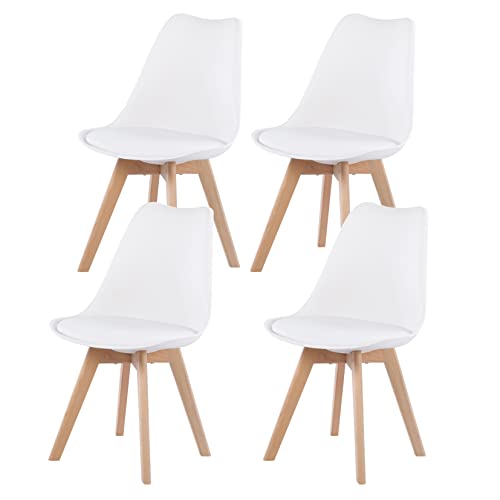 EGGREE 4er Set Esszimmerstühle mit Massivholz Buche Bein, Skandinavisch Design Gepolsterter Küchenstühle Stuhl Holz, Weiß