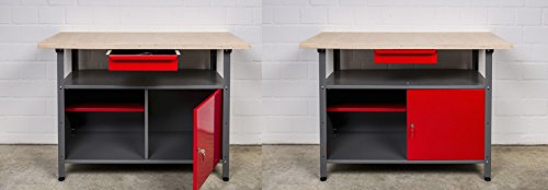 Kreher Werkbank Set 2tlg. mit 2 Werkbänken aus Metall. Jeder Werktisch mit abschließbarer Tür, Schublade, Einlegeboden und Gewindefüßen. Maße pro Tisch BxTxH ca. 120 x 60 x 85 cm.