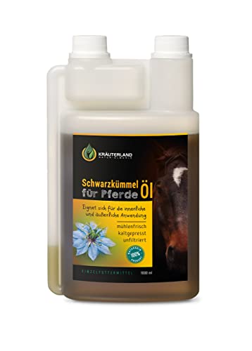 Kräuterland Schwarzkümmelöl für Pferde, Hunde & Katzen 1 Liter in Dosierflasche - 100% rein, kaltgepresst, ungefiltert - Deutsche Premium Qualität