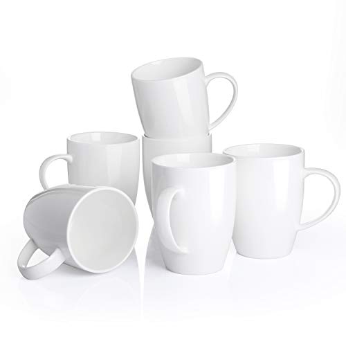Panbado 6 TLG. Kaffeetassen aus Porzellan, Weiß Kaffeepott Set, 370 ml Große Tasse, 11 cm hoch, weiß Modernes Design, mit henkel für Heißgetränke, Spülmaschine & Mikrowelle geeignet
