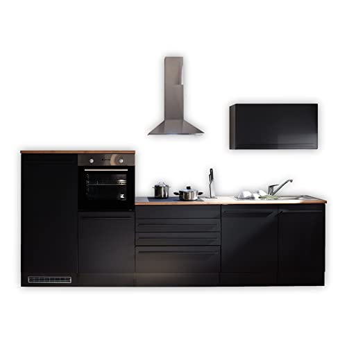 JAZZ 4 Moderne Küchenzeile ohne Elektrogeräte in Schwarz matt - Geräumige Einbauküche mit viel Platz und Stauraum - 320 x 200 x 60 cm (B/H/T)