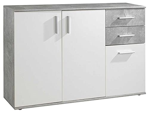 Kommode Sideboard Anrichte | Weiß | Betonoptik | 2 Schubladen | 3 Türe | 120x82x35 cm