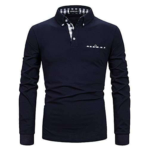 APAELEA Poloshirt Herren Langarm Baumwolle Golf T-Shirt Casual Tops,Navy blau,3XL