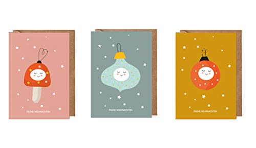 dabelino Set 3 Weihnachtskarten mit Umschlag für Kinder: lustige Christbaumkugeln (Karten Weihnachten, originell, Klappkarten, nachhaltig, natur ohne Plastik-Beschichtung, witzig)