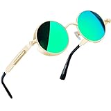 Joopin Retro Sonnenbrille Herren Rund Polarisierte Steampunk Brille Vintage Driving Sunglasses und Runde Sonennbrille Damen mit UV400-Schutz(Gold Grün Verspiegelt)