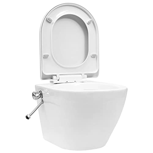 vidaXL Wand WC ohne Spülrand mit Bidet-Funktion Spülrandlos Absenkautomatik Softclose Hänge Toilette Bidet Taharet Badezimmer Keramik Weiß