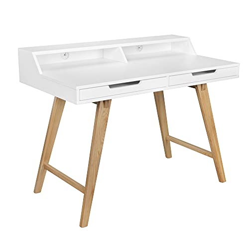 FineBuy Schreibtisch 110 x 85 x 60 cm MDF-Holz skandinavisch weiß matt Arbeitstisch | Design Laptoptisch mit Kabeldurchlass | Bürotisch mit Eiche-Beinen
