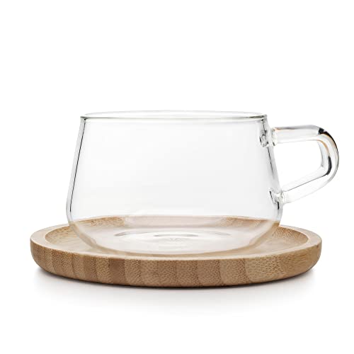 Kaffeetasse aus Glas mit Henkel, Teetasse mit Bambus Untersetzer, 0.3 Liter, Klarglas