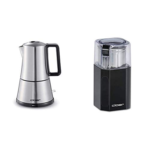 Cloer 5928 Espresso-Kocher / 365 W/für 3-6 Tassen Espresso/Edelstahlgehäuse & 7580 Elektrische Kaffee-und Gewürzmühle, 200 W, bis zu 70 g Kaffeebohnen, abnehmbarer Edelstahlbehälter, schwarz