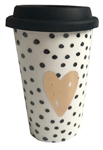 Tasse Becher to go goldenes Herz auf weiß mit schwarzen Punkten und schwarzem Silikon Deckel 300 ml Porzellan Kaffee Tee