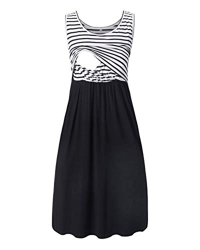 Love2Mi Damen Umstandskleid Streifen Stillkleid Ärmellos Schwangere Sommerkleid-Weißer Streifen / Schwarz-S