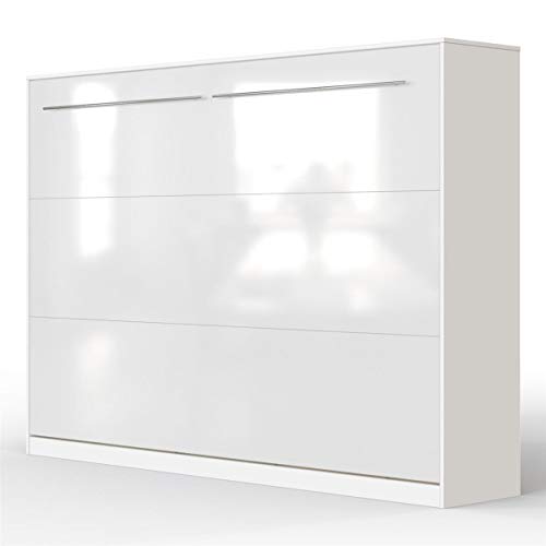 SMARTBett Standard 140x200 Horizontal Weiss/Weiss Hochglanzfront Schrankbett | ausklappbares Wandbett, ideal geeignet als Wandklappbett fürs Gästezimmer, Büro, Wohnzimmer, Schlafzimmer