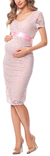 Be Mammy Damen Umstandskleid festlich aus Spitze Kurze Ärmel Maternity Schwangerschaftskleid BE20-162 (Puderrosa, XL)