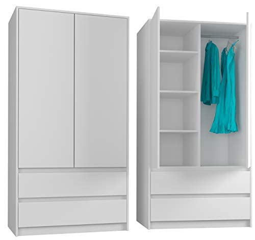 FRAMIRE B-9TIP Kleiderschrank in Weiß, 2-türiger Kleiderschrank, 2 Schubladen, Kleiderschrank für das Schlafzimmer, Wohnzimmer, Flur, 180 x 90 x 51 cm